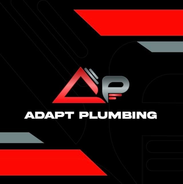 A logo for adapt plumbing with a red triangle on a black background.