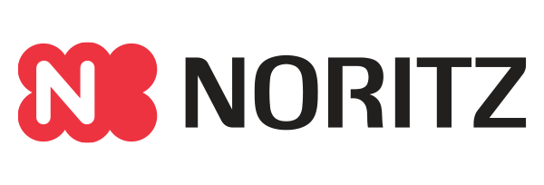 A red and black logo for noritz with a white background