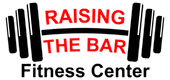 The logo for raising the bar fitness center shows a barbell and the words `` raising the bar fitness center ''.