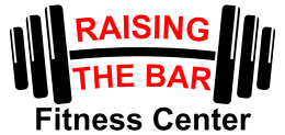 The logo for raising the bar fitness center shows a barbell and the words `` raising the bar fitness center ''.