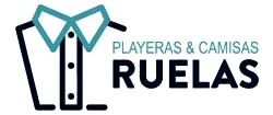 Logotipo con el contorno de una camiseta y el texto "Playeras & Camisas Ruelas"