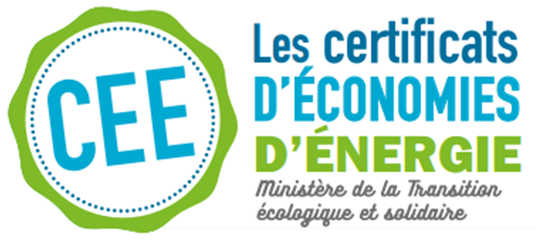 Un logo bleu et vert sur lequel est écrit cee