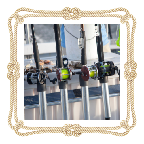 Several fishing rods are lined up on a boat