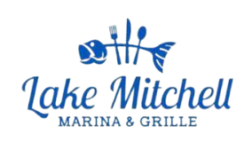 A logo for lake mitchell marina and grille