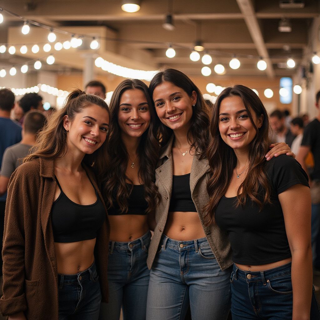 Four young women smiling, posing together at an indoor event with string lights and people in the background.