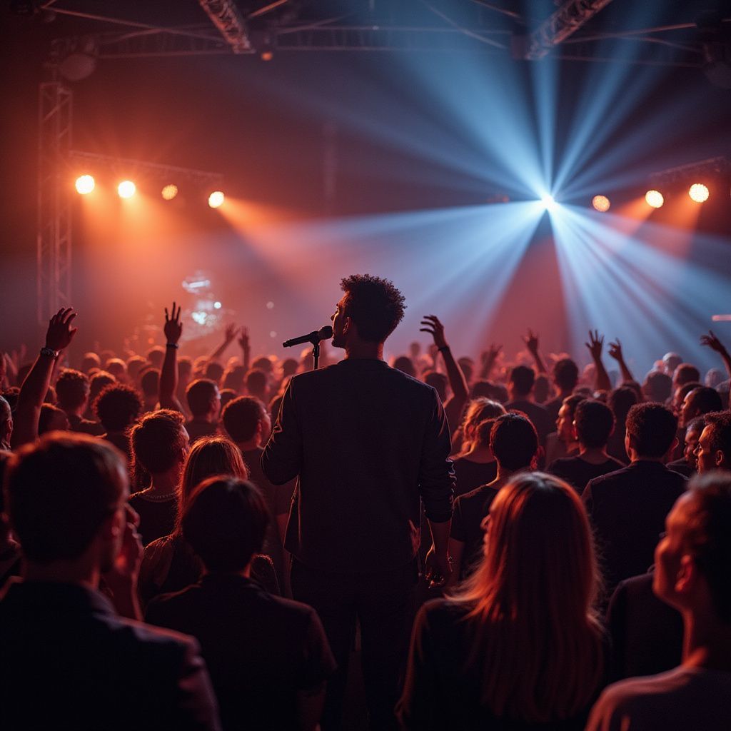 Singer performing on stage with a microphone, crowd cheering with hands up, bright stage lights.