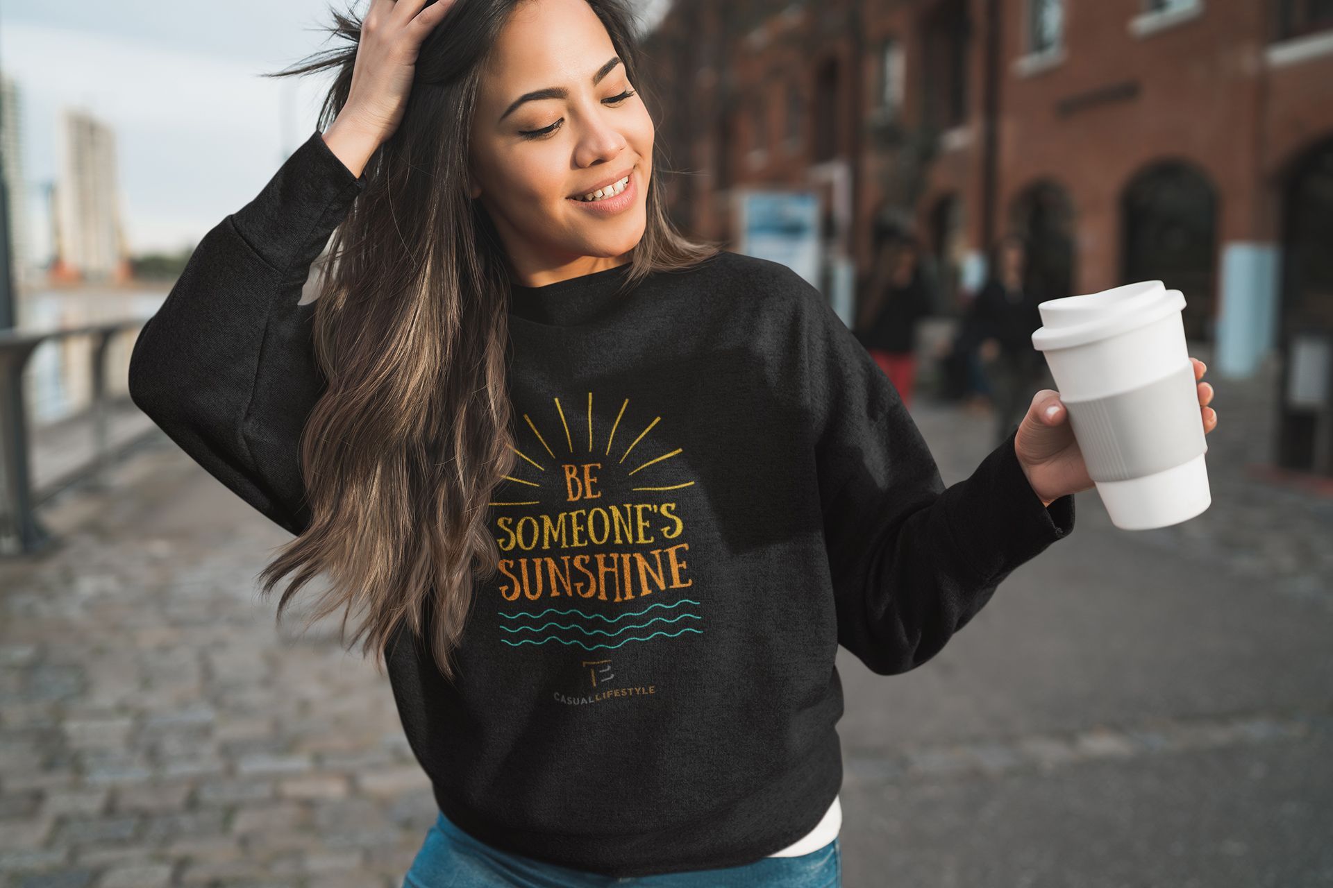 Woman in black sweater with 