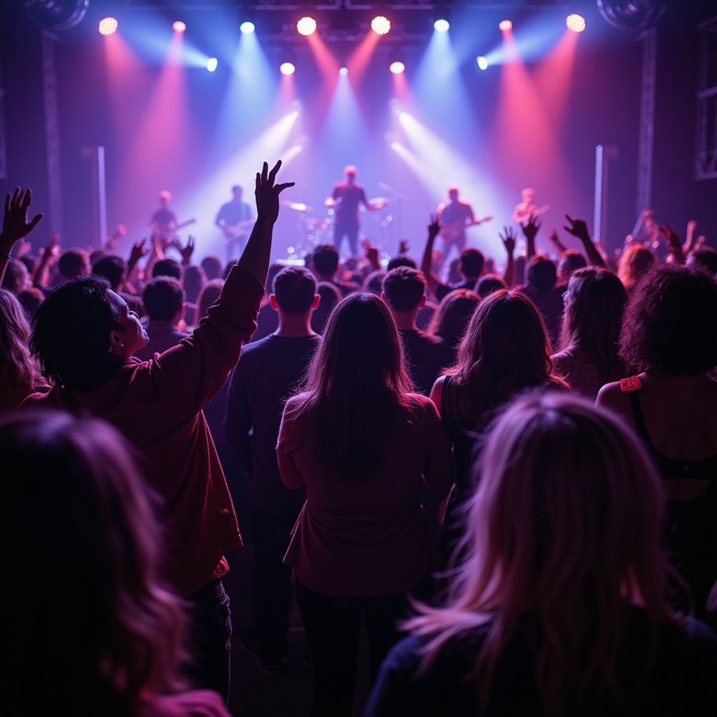 Concert crowd with raised arms facing a band on stage under bright lights.