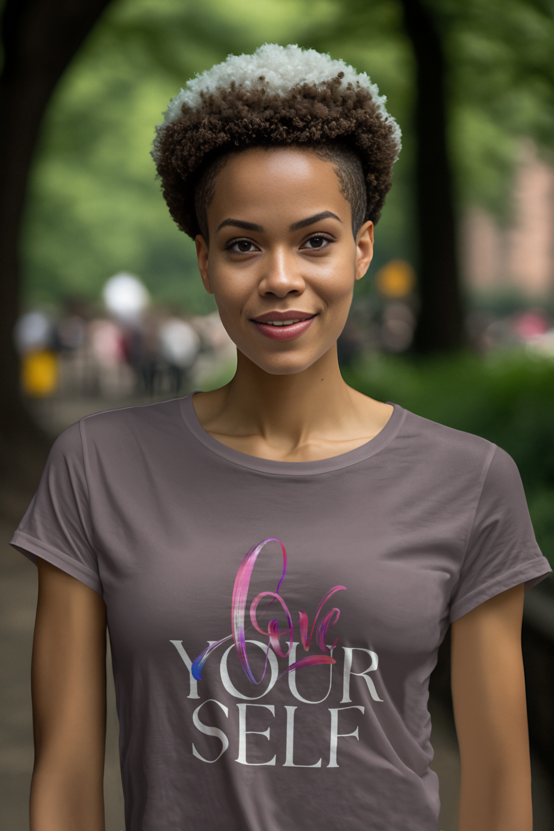 Woman in grey t-shirt with 