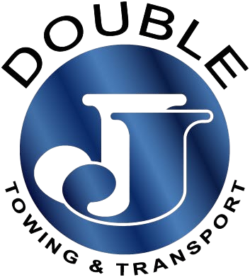 Double J Towing & Transport logo: blue circle with stylized white double 