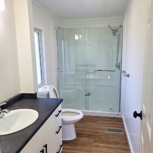 Bathroom renovation with a new glass shower, and a black & white vanity.