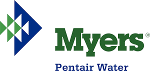Myers Pentair Water logo with blue-green geometric icon and green “Myers” text