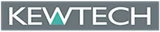 Logo for KEWTECH, white text on a grey rectangle, featuring a teal triangle within the 
