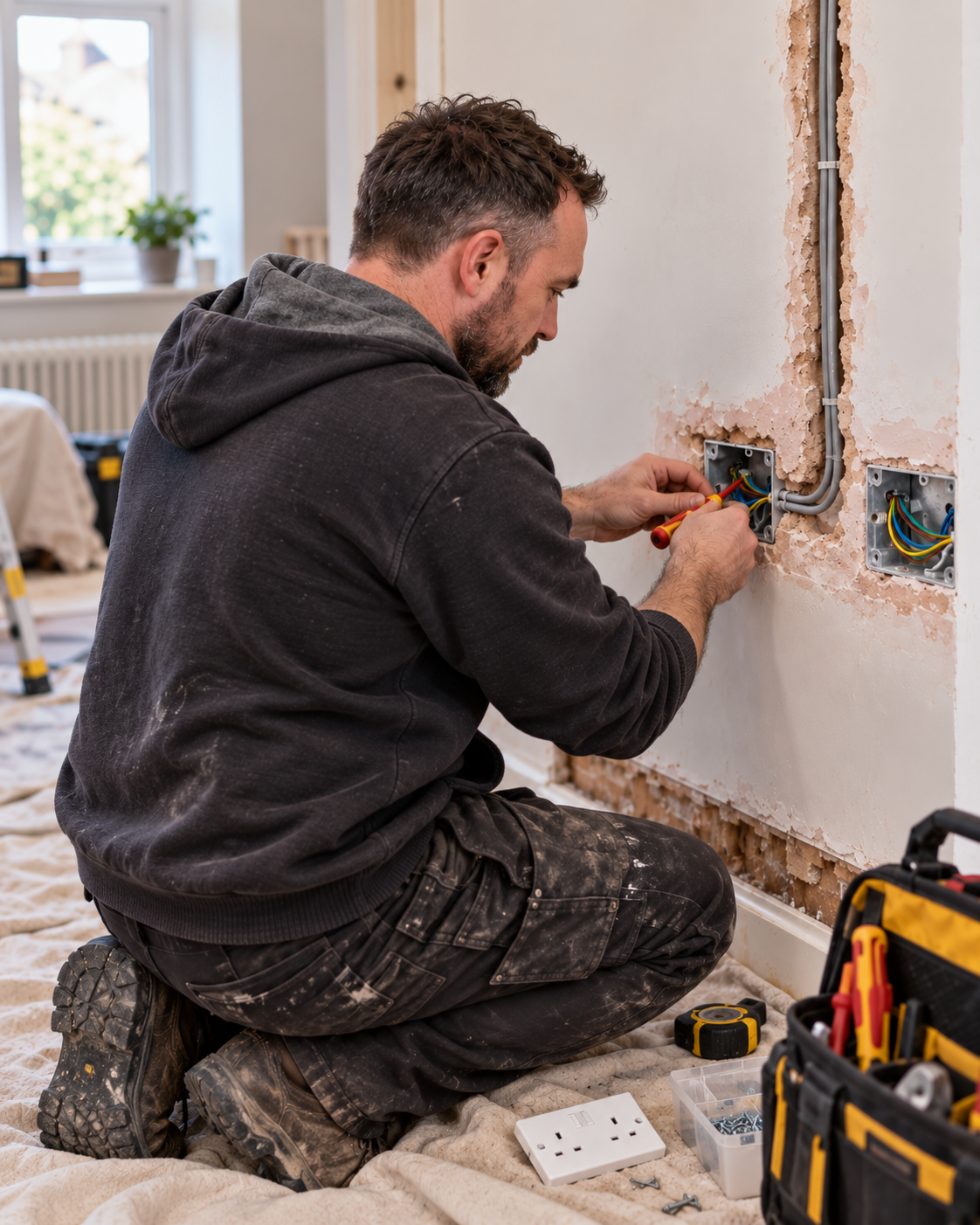 Electrician installing socket wiring during a partial house rewire