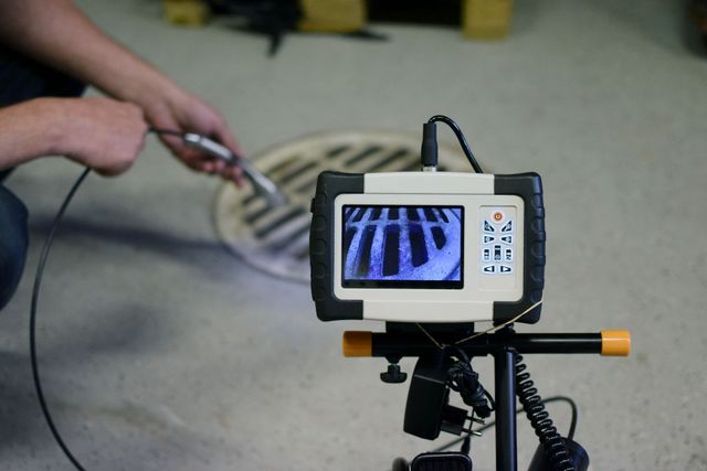 Person using a camera probe to inspect a drain, monitor on a tripod displays the image.