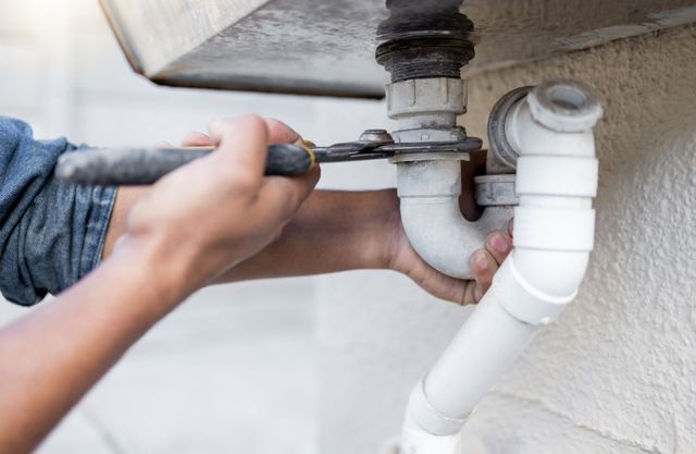 A person uses pliers to tighten a white plastic plumbing pipe under a sink.