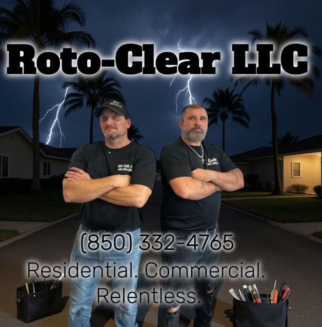 Two men with crossed arms in front of a street. Company logo: Roto-Clear LLC, with phone number, and
