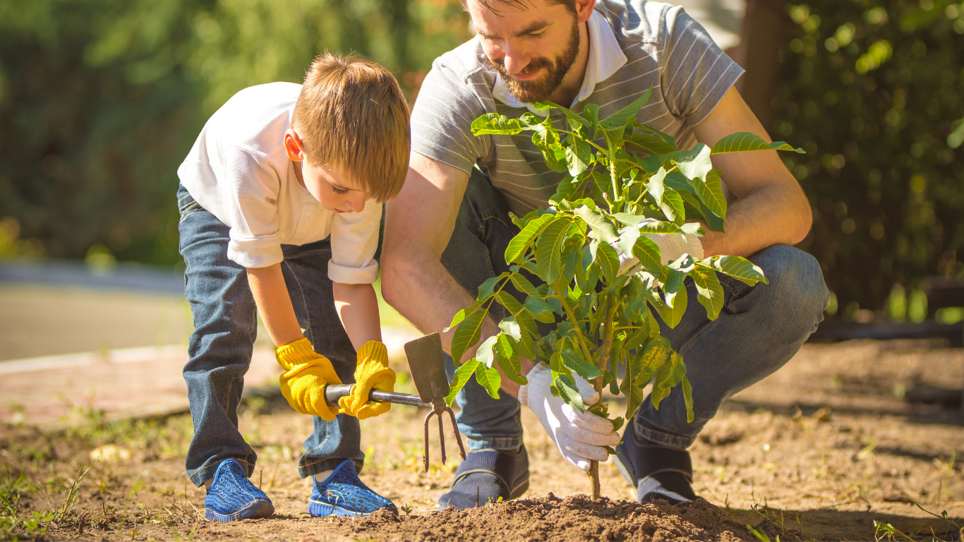 Man and boy planting a tree in a garden on a sunny day; boy wearing gloves, both smiling.