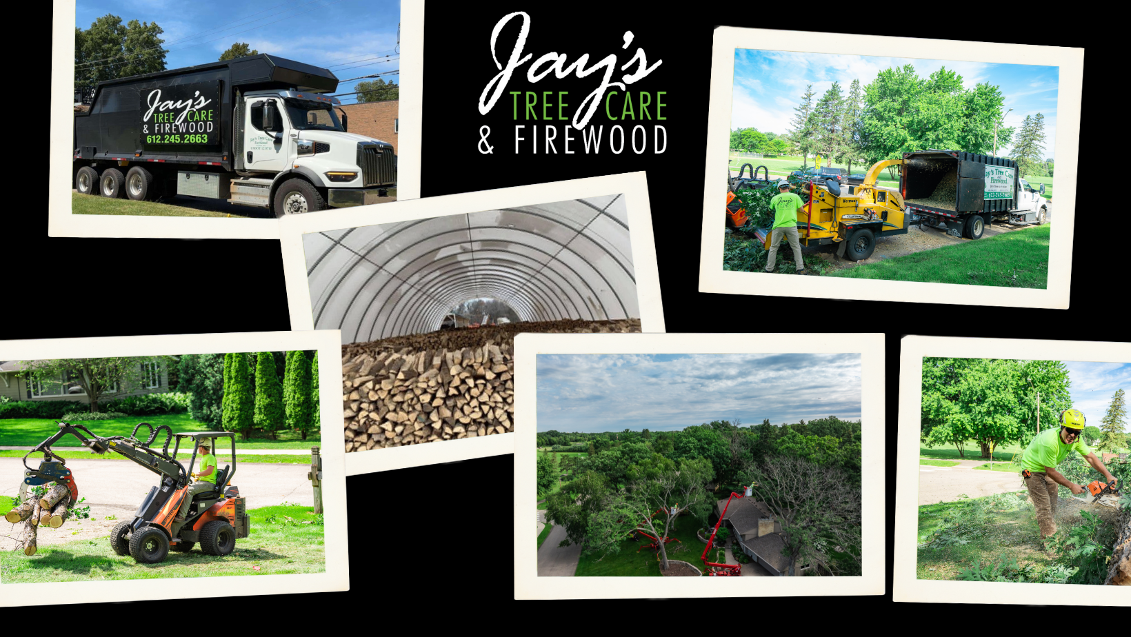 A collage of photos of a tree care and firewood company.