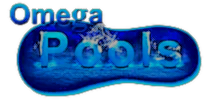 Omega Pools logo in blue text on a blue water-like background