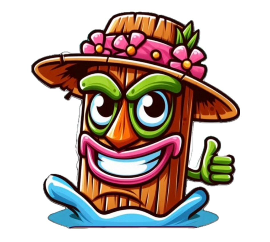 A cartoon tiki wearing a hat and giving a thumbs up