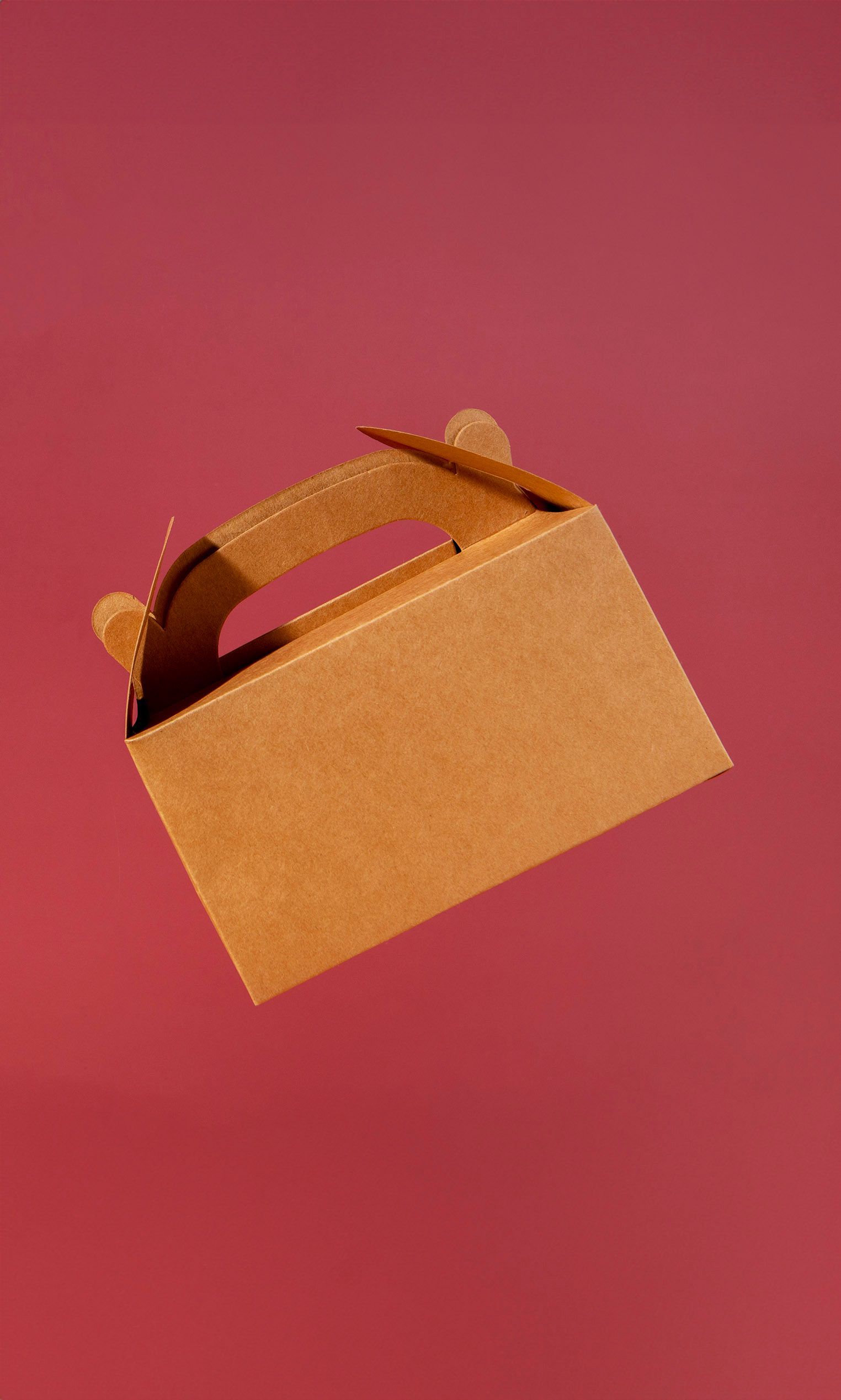 Brown cardboard takeout container with handle against a red background.