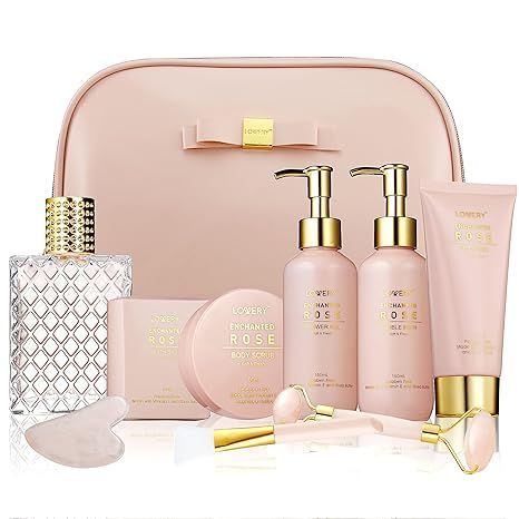 a pink cosmetic bag filled with a variety of cosmetics .