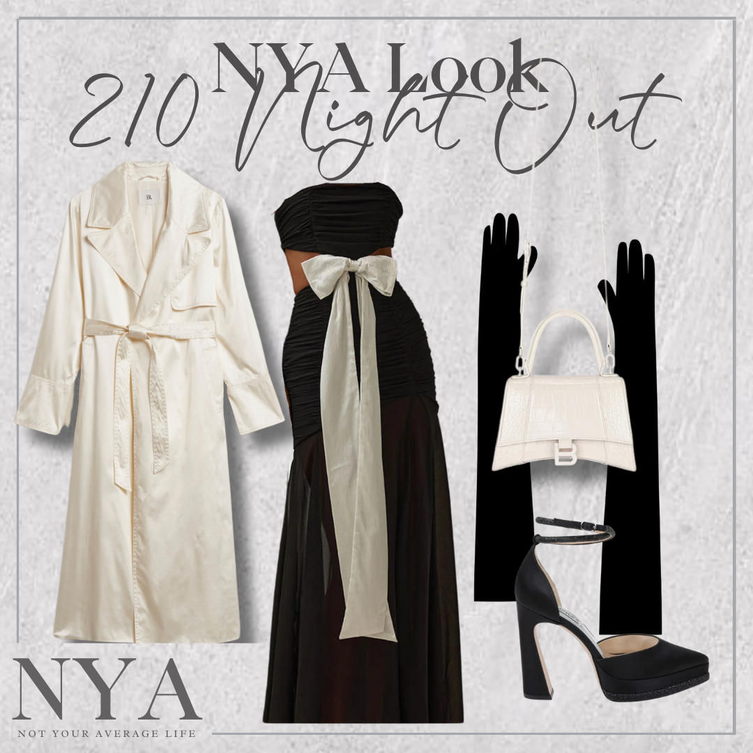 An NYA night-out outfit: cream trench coat, black strapless gown with cream bow, platform heels, long black gloves, and white handbag.
