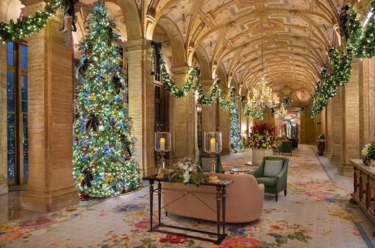 a long hallway filled with furniture and christmas trees .