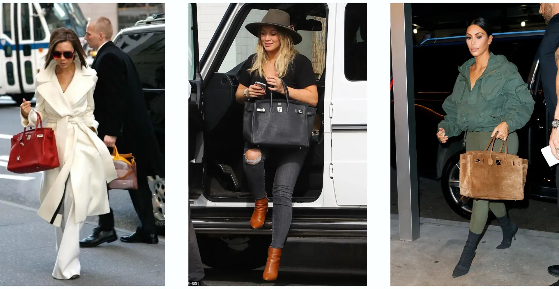 a collage of three pictures of a woman holding a purse