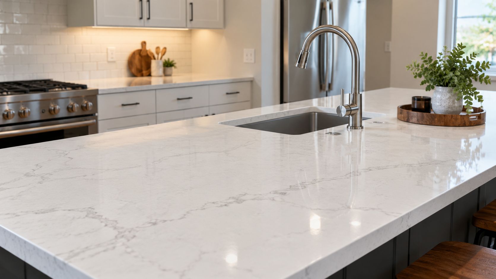 Modern kitchen with white marble island, stainless steel sink, and light wood cabinets