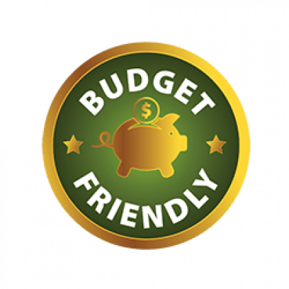 Budget-friendly emblem featuring a golden piggy bank with a dollar sign, stars, and text 