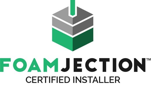 Logo for Foamjection, a certified installer. Green, gray, and white cube with a green nozzle. The company name is in green.