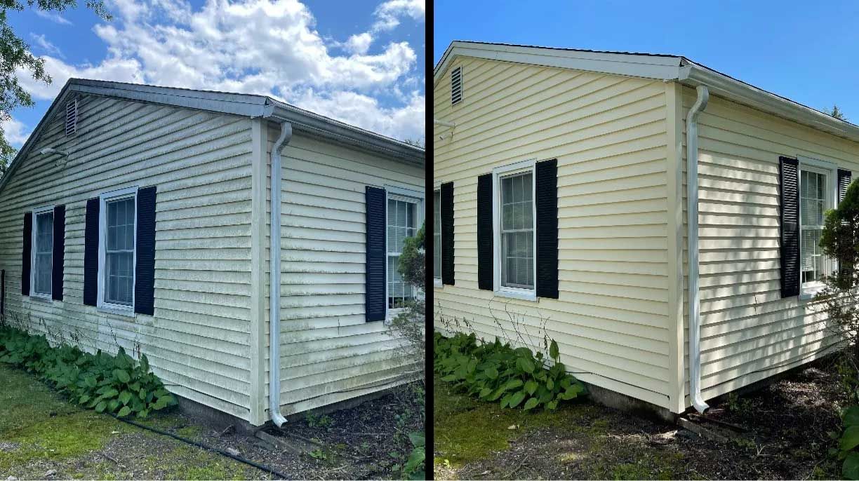A before and after picture of a house with black shutters.