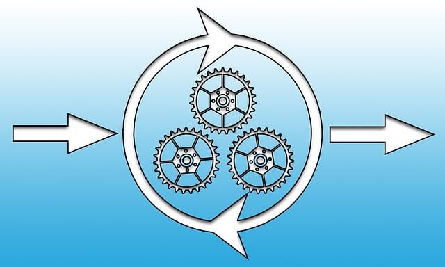 A drawing of three gears with arrows pointing in opposite directions