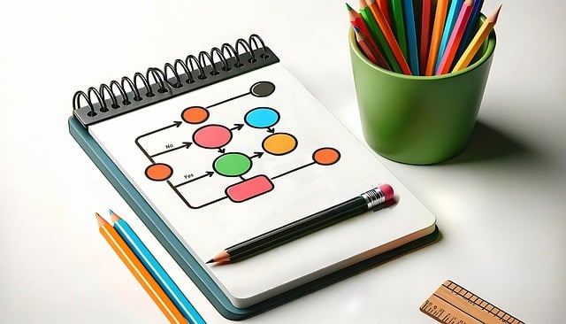A notebook with a diagram on it next to a cup of colored pencils and a ruler.