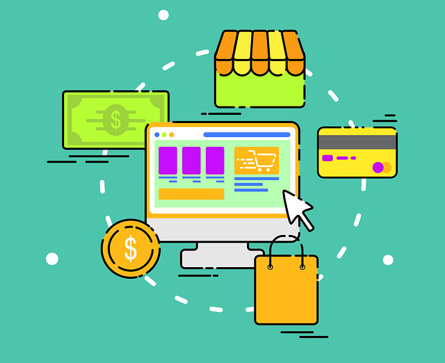 An illustration of a computer surrounded by shopping icons.