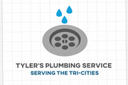 Logo for Tyler&rsquo;s Plumbing Service: gray drain icon with blue water droplets on a white tiled background.