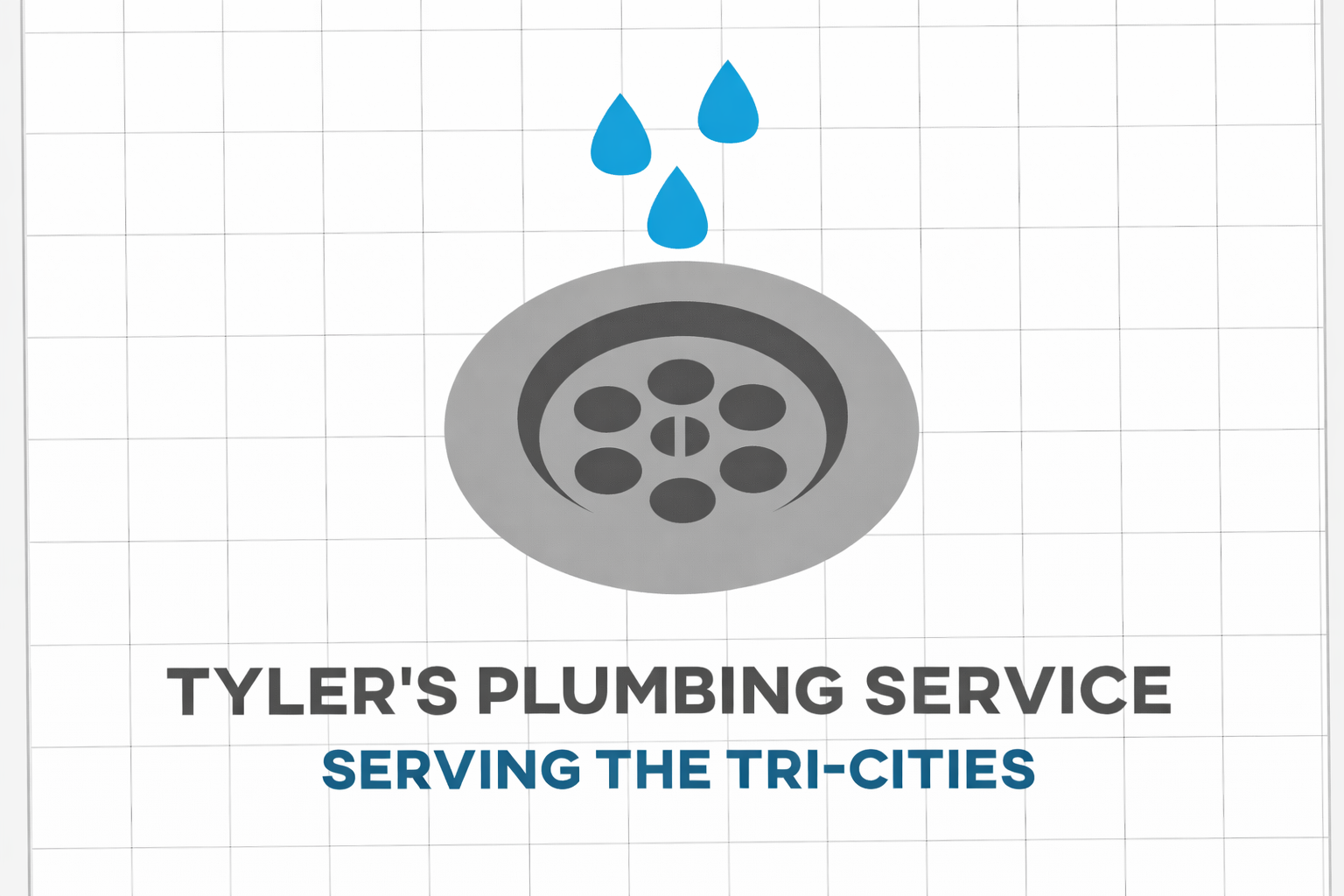 Logo for Tyler’s Plumbing Service: gray drain icon with blue water droplets on a white tiled background.