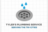 Logo for Tyler&rsquo;s Plumbing Service: gray drain icon with blue water droplets on a white tiled background.