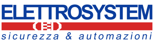 Logo di Elettrosystem, azienda di sicurezza e automazione. Il nome è in blu, con una barra rossa sottostante che contiene un'immagine grafica. Sotto, il claim in nero: 