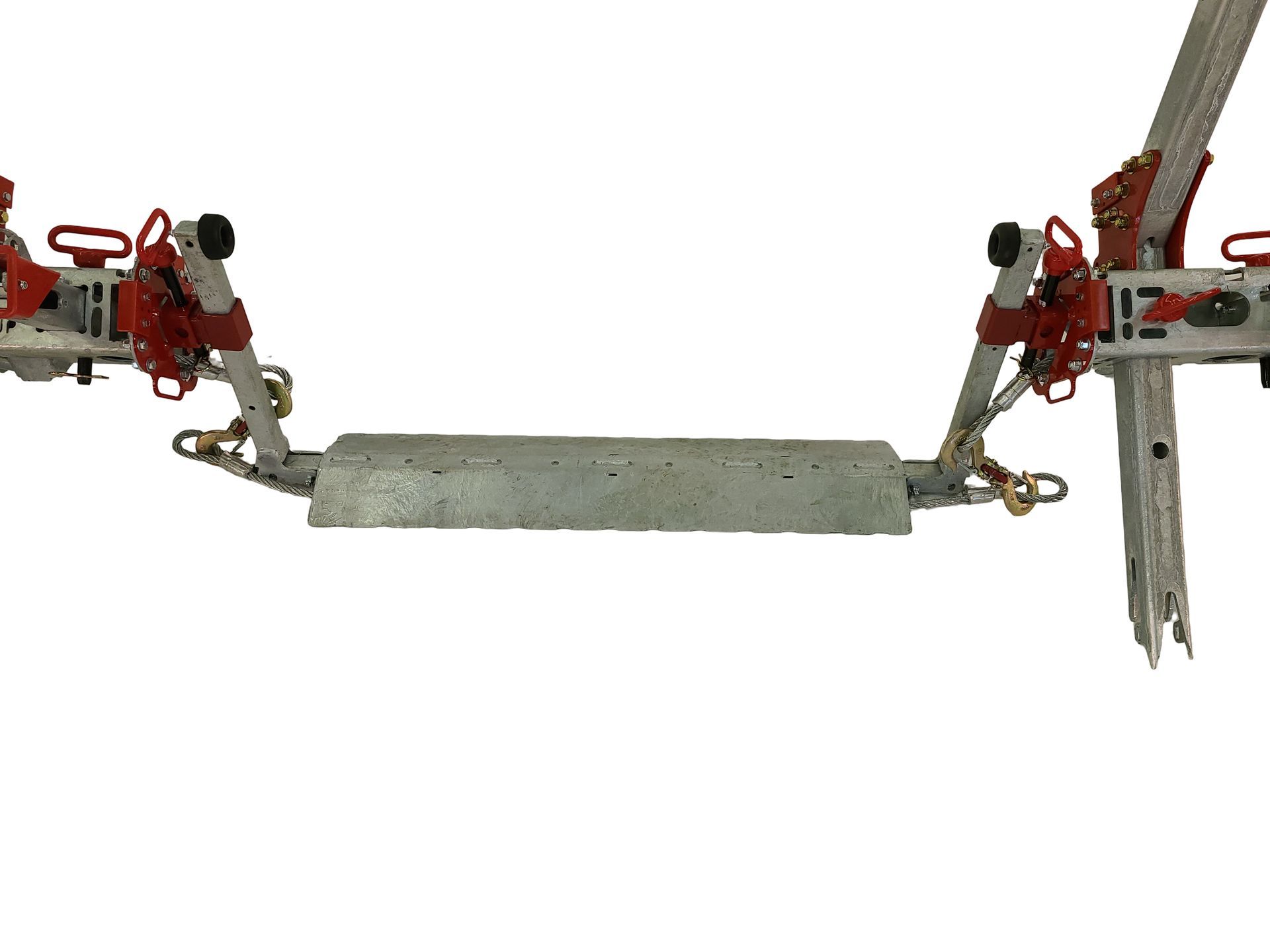 Two red robotic grippers holding a long gray rectangular block on a white background