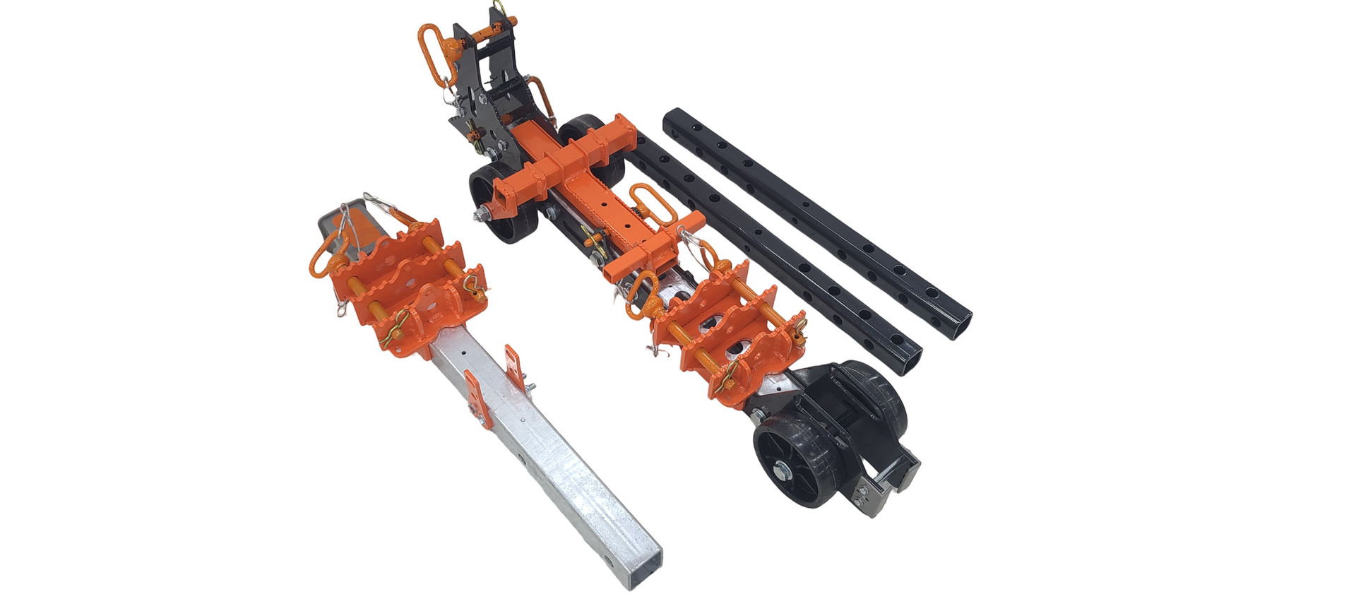 Orange and black mechanical tool assembly with a silver blade and attached rods on a white background