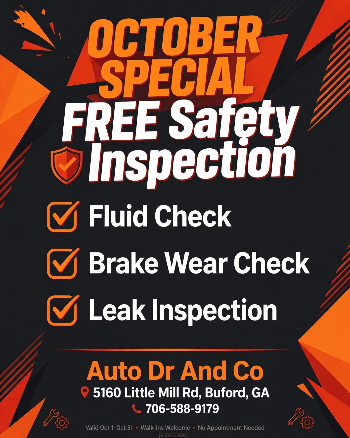 October Special - Free fluid, brake-wear, and leak inspection at Auto Dr And Co