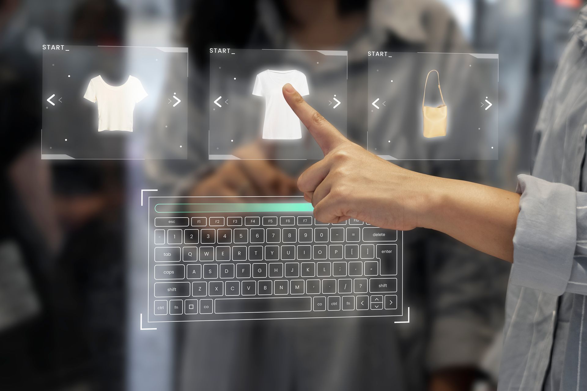 Pessoa usando interface digital para escolher produtos de moda em uma tela virtual