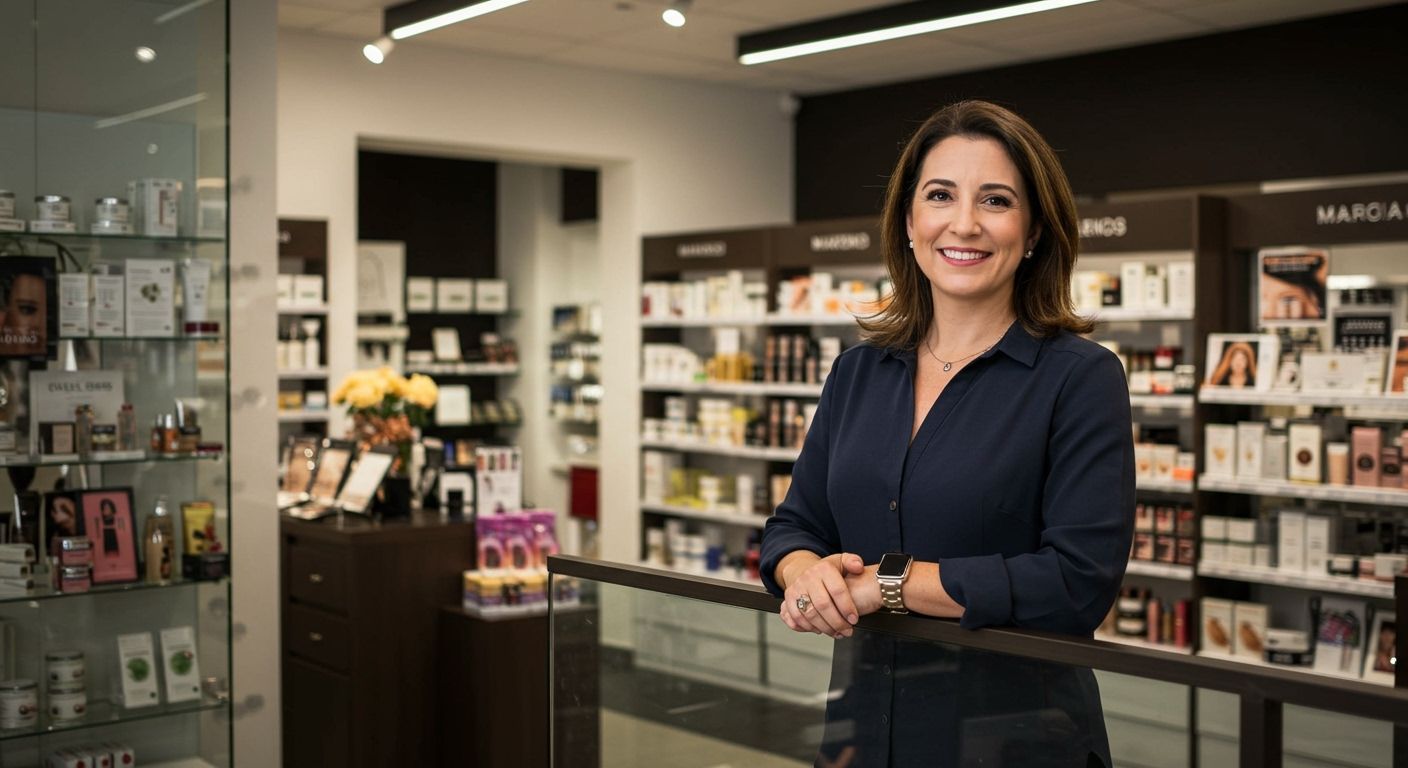 Empreendedora sorrindo em loja de cosméticos, representando o sucesso na revenda de produtos.