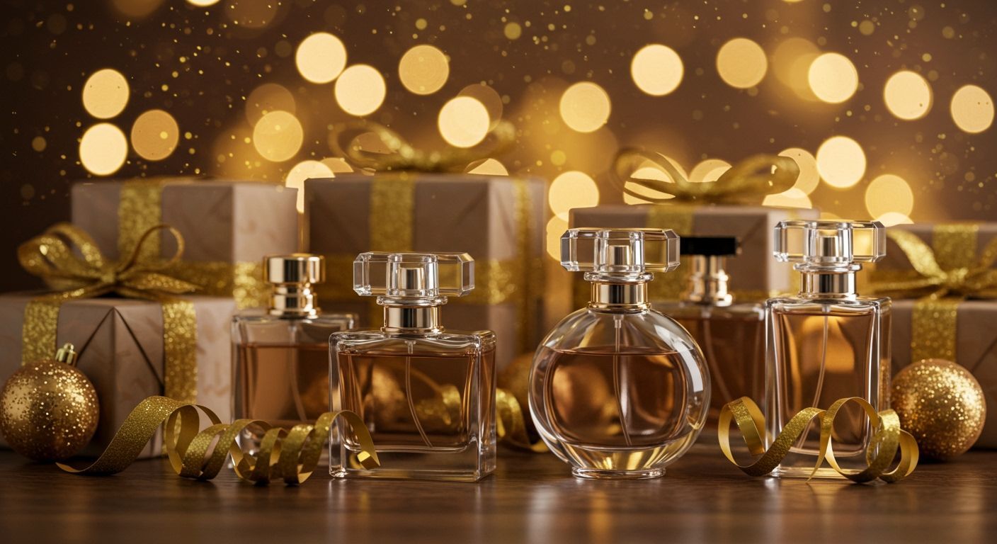 Frascos de perfume sem rótulo, caixas de presente douradas, fitas e enfeite de Natal, com luzes.