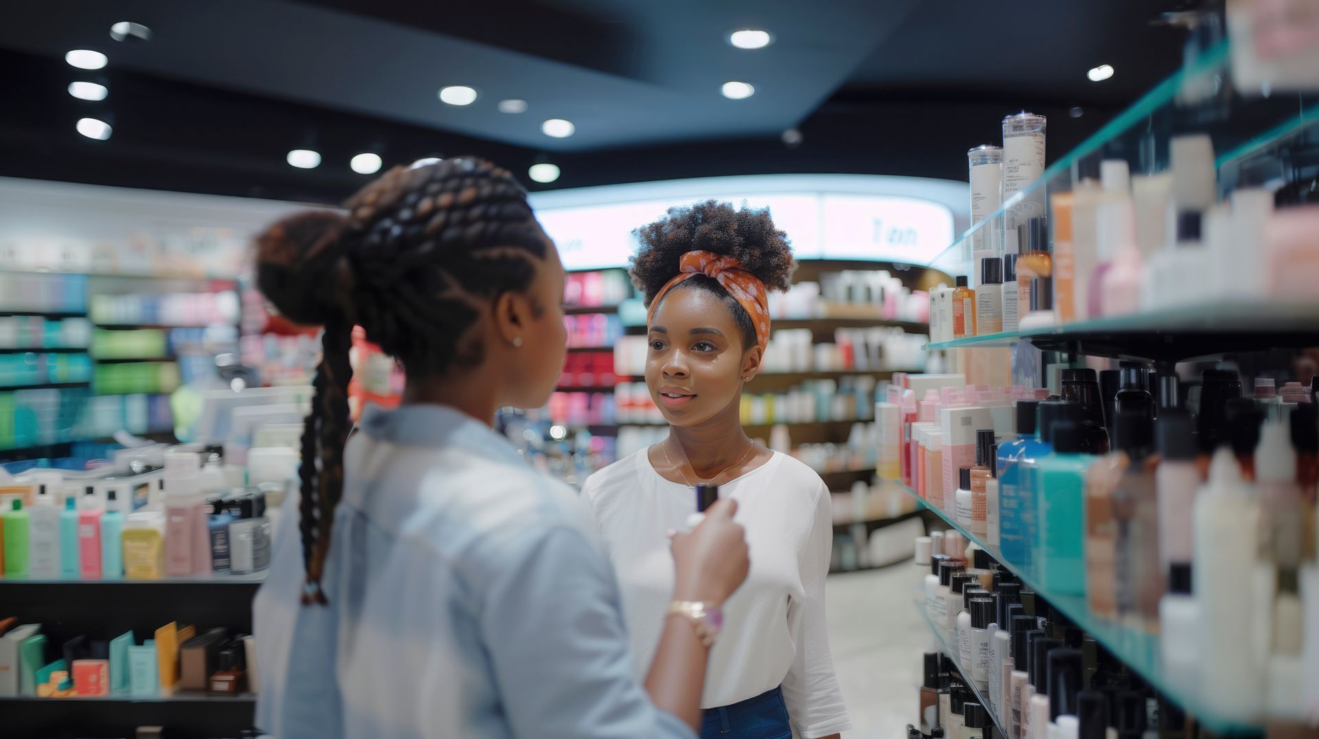 Vendedora atende cliente com simpatia em loja de cosméticos com prateleiras cheias de produtos.