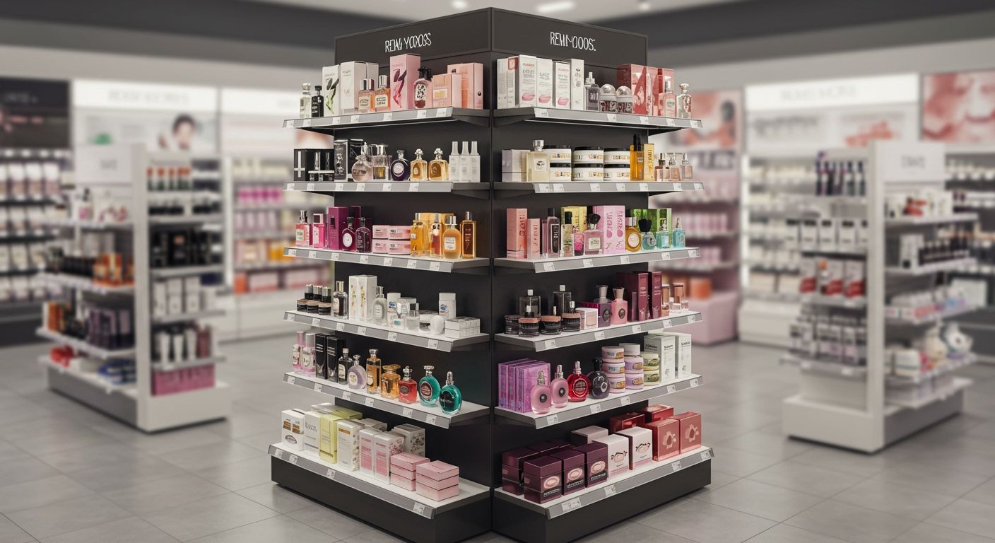 Ponta de gôndola organizada em loja de cosméticos com produtos de beleza expostos estrategicamente.