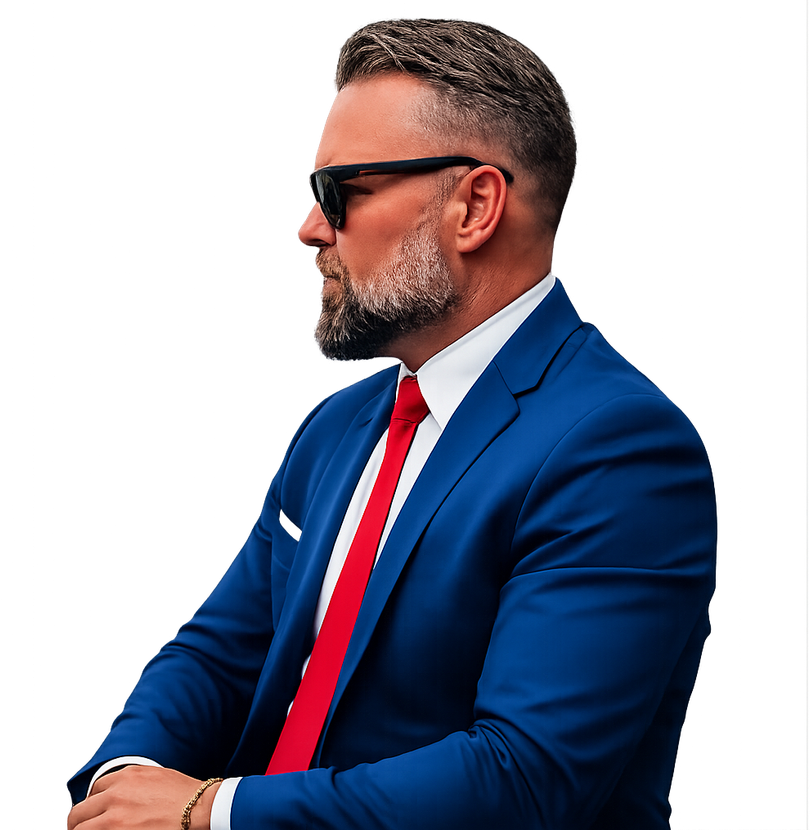 Portrait of a man in a blue suit, white shirt, and red tie on a white background